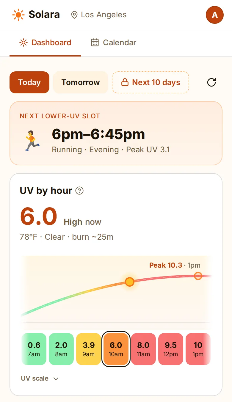 Solara on a phone: the next lower-UV slot for a run, the UV index now and the hourly UV forecast for today.